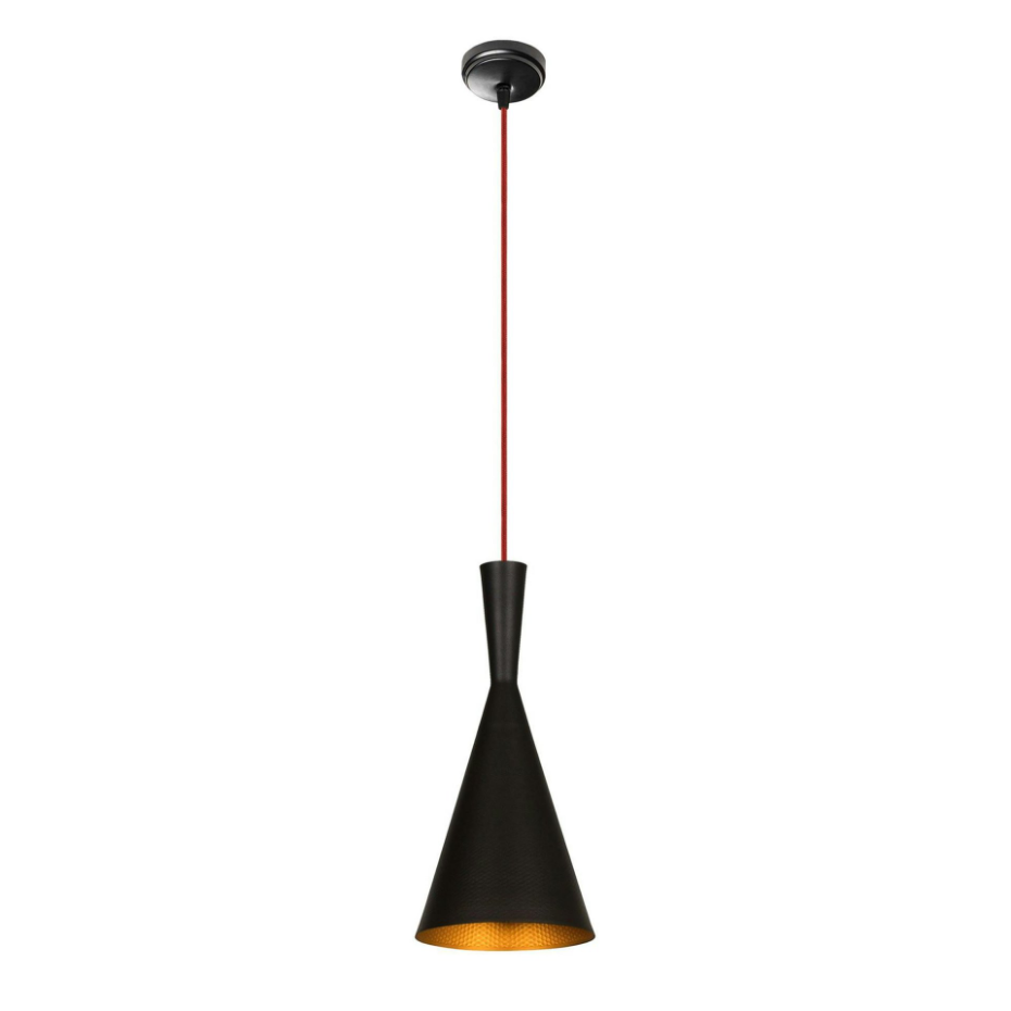 Lampe de chevet suspendue noire mat câble rouge, forme cône SILE