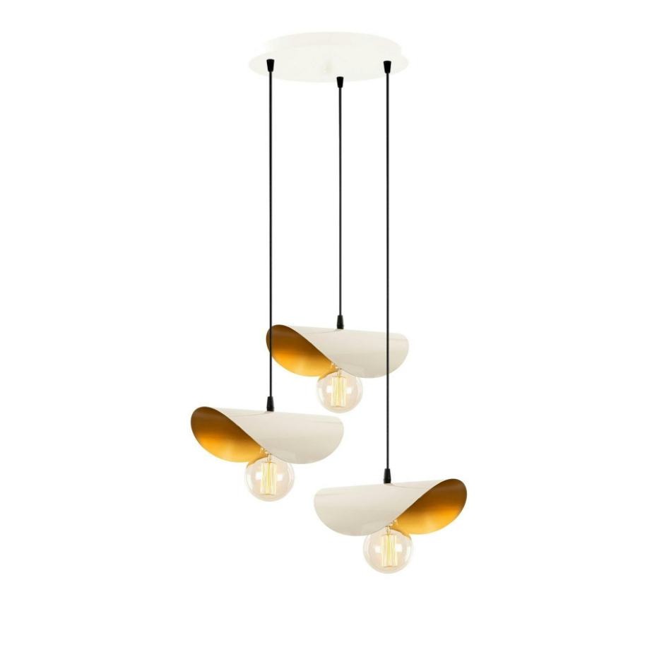 Suspension moderne chic métal crème & doré, 3 abat-jour SINOP
