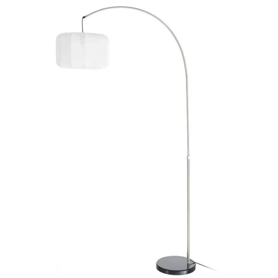 Lampadaire arc métal argenté, marbre noir et suspension tissu beige 100x37x197cm
