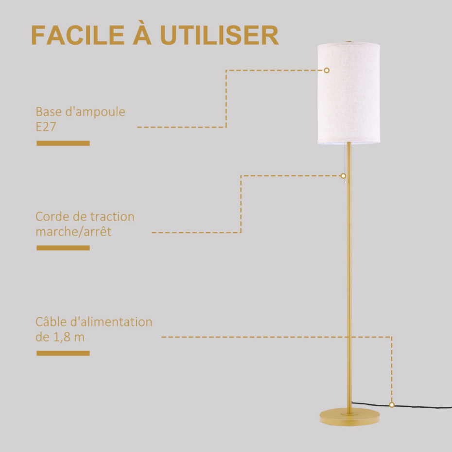 Lampadaire design néo-rétro acier doré abat-jour lin crème