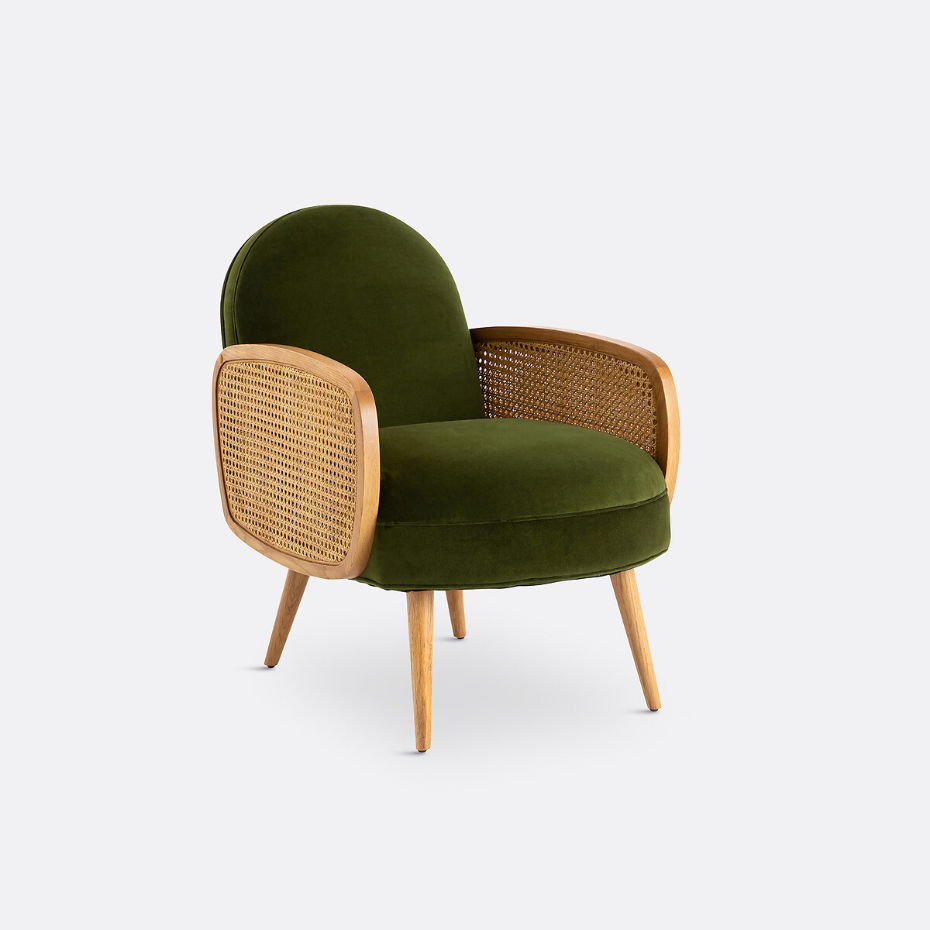 Fauteuil velours et cannage, Buisseau