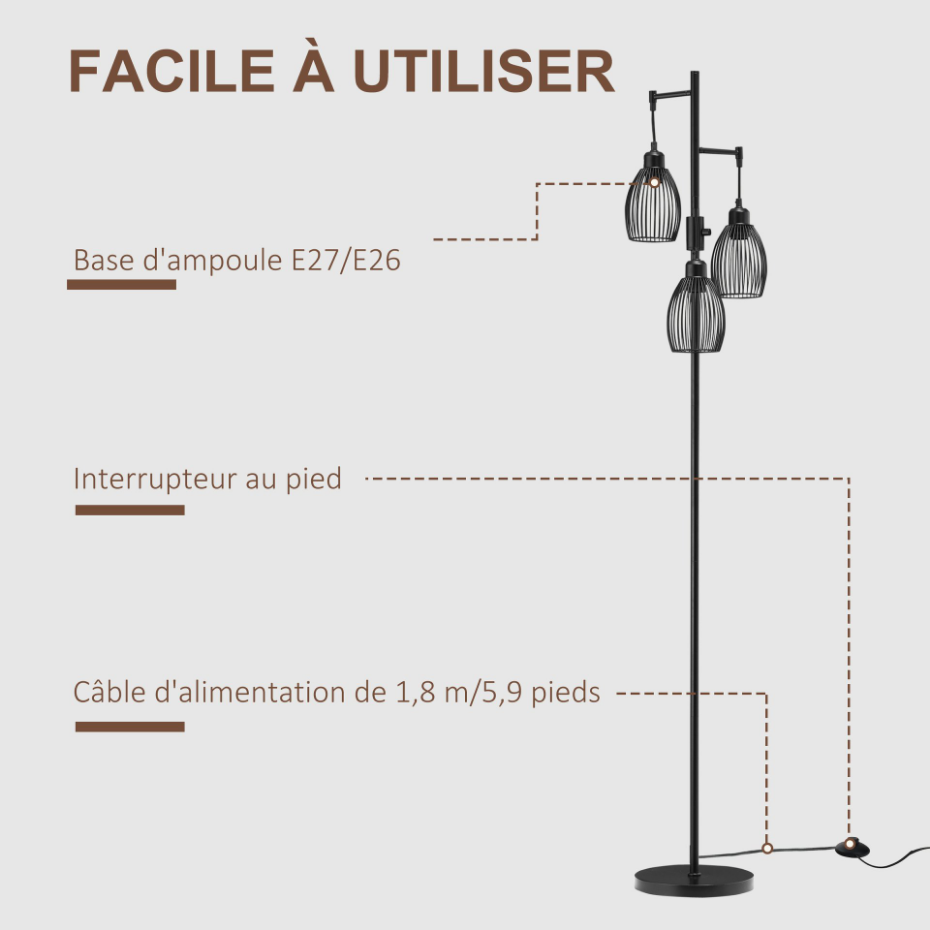 Lampadaire design industriel 3 têtes métal filaire acier noir