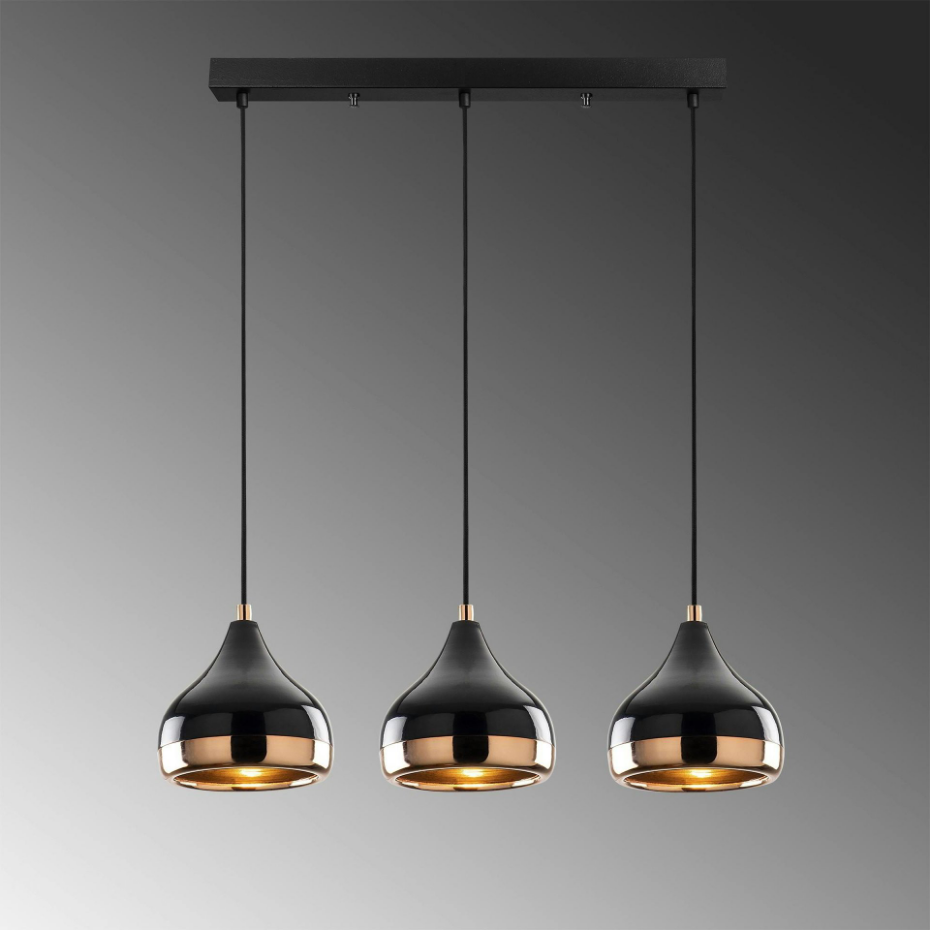 Suspension de table noire et cuivre, 3 abat-jour SILE