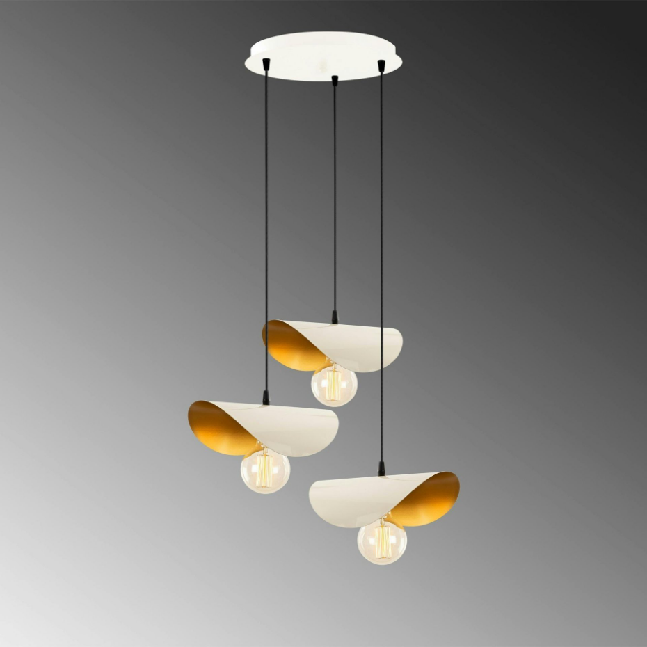 Suspension moderne chic métal crème & doré, 3 abat-jour SINOP
