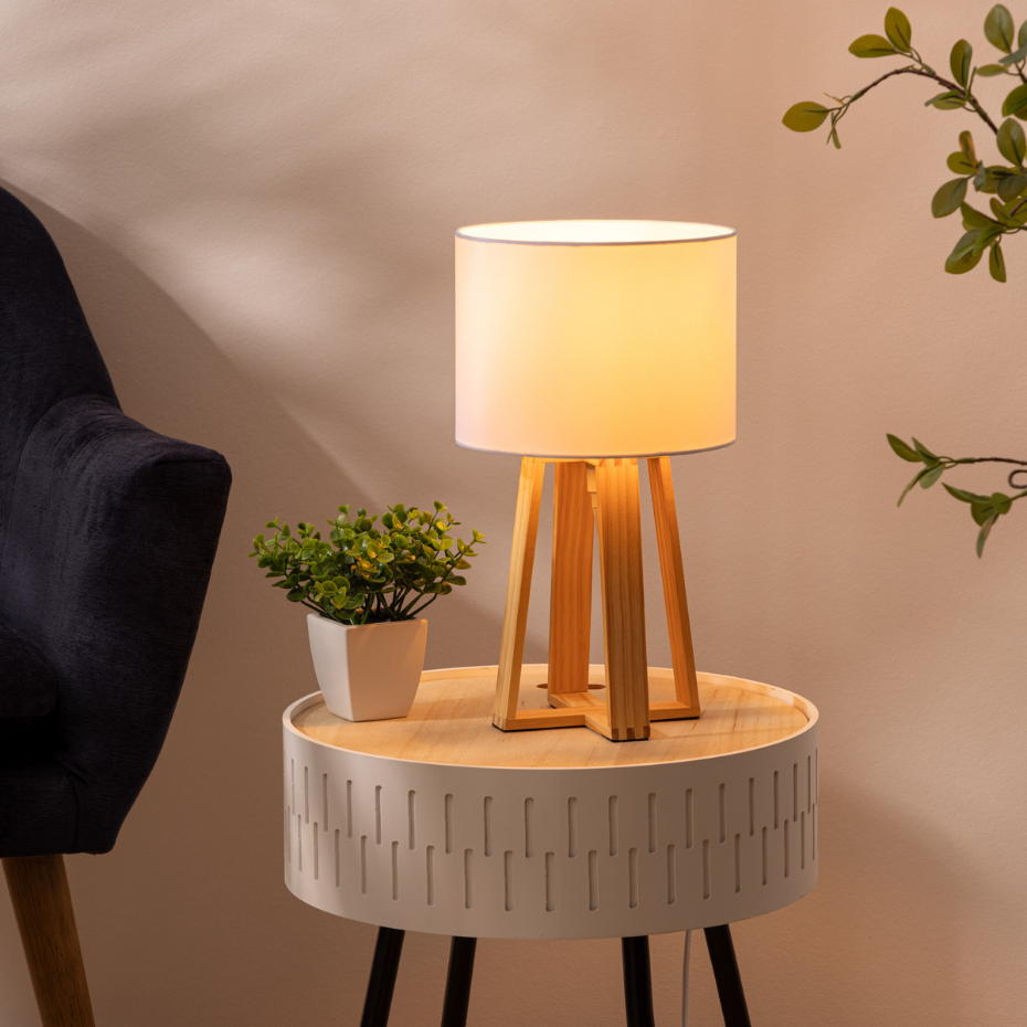 Lampe trépied bois de pin et coton MOLU