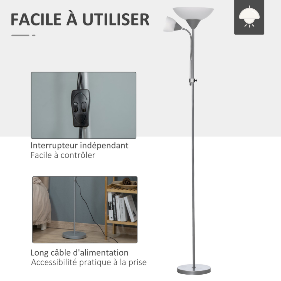 Lampadaire 2 têtes base métal dim. Ø28 x 179,5H cm gris blanc
