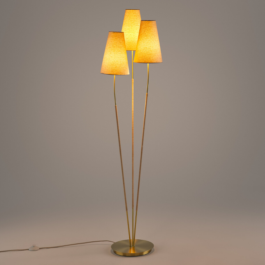 Lampadaire triple en laiton, lin & rotin, Amaya