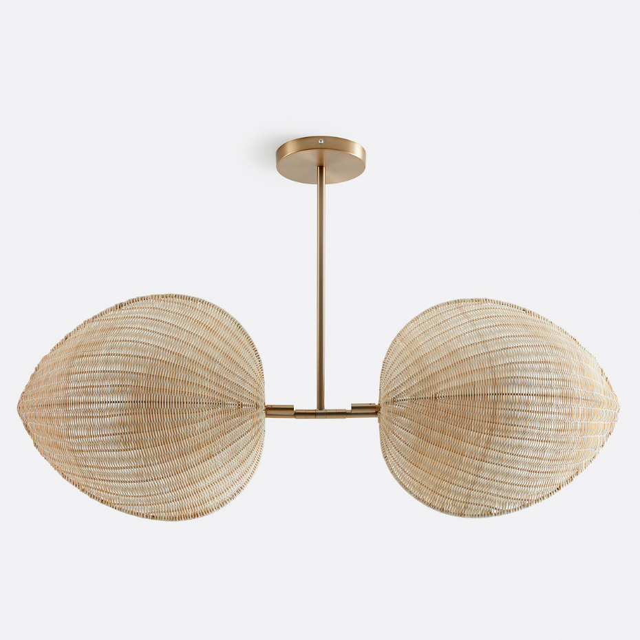 Suspension double opaline, rotin et laiton, Javana