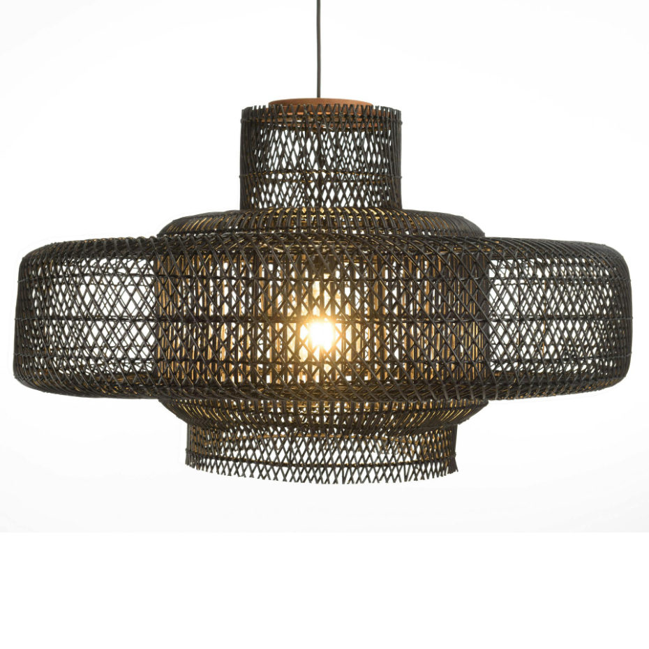 Suspension double 90x90cm en rotin couleur noire et teck FOLELLI