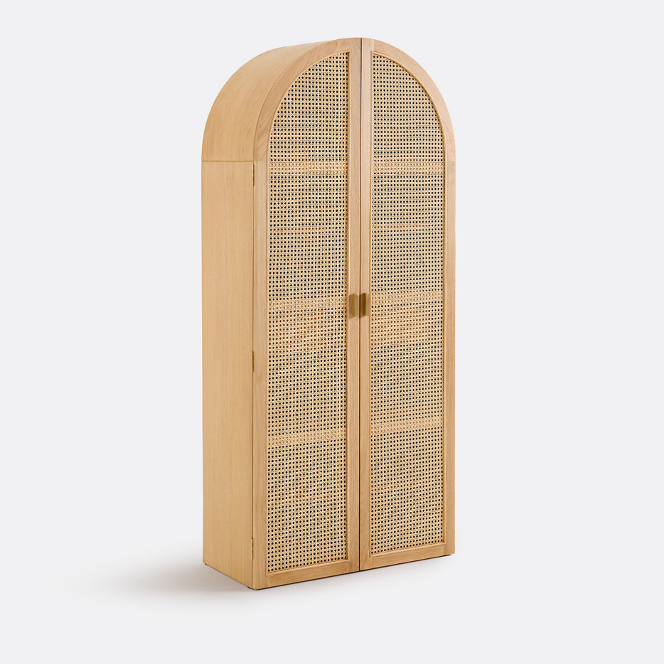 Vaisselier 2 portes, en plaqué chêne et cannage, MATHEO