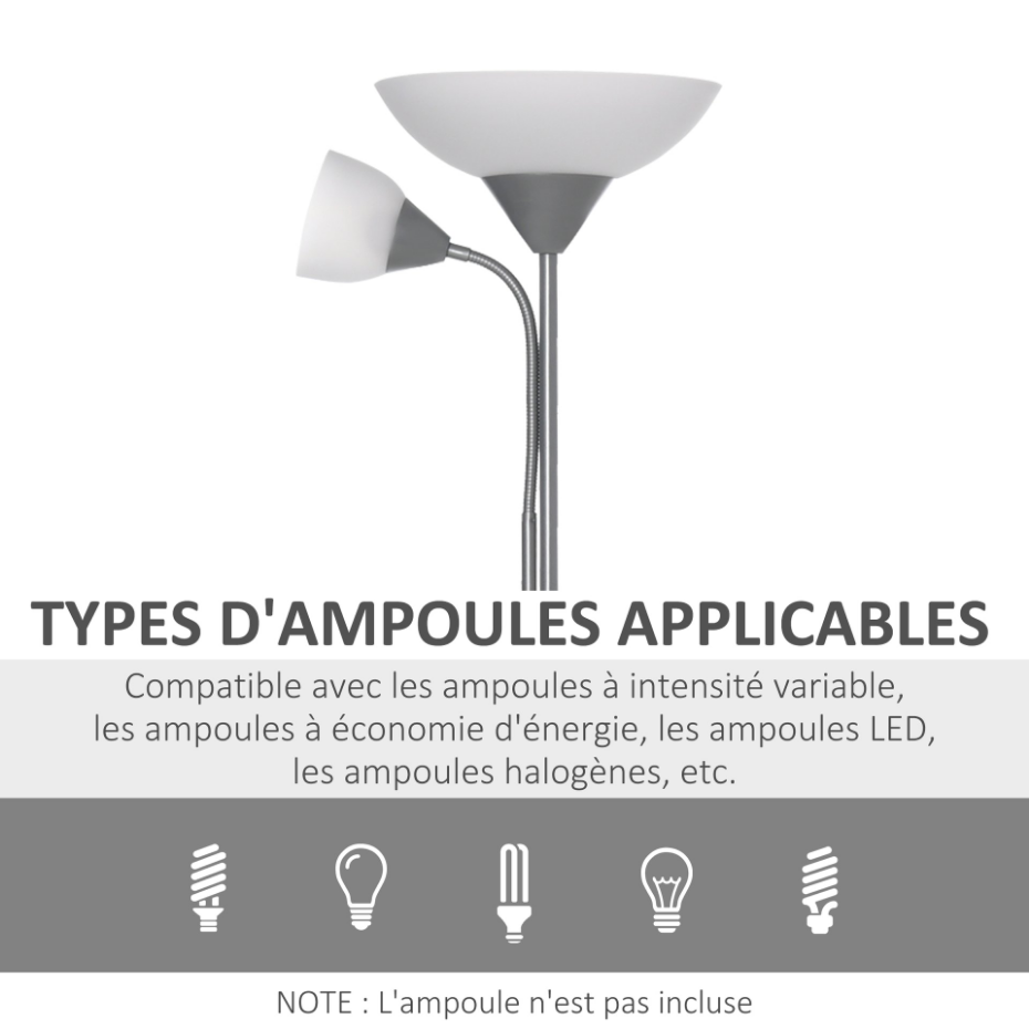 Lampadaire 2 têtes base métal dim. Ø28 x 179,5H cm gris blanc