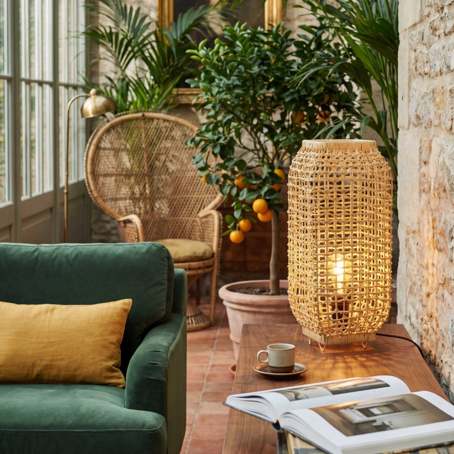 Lampe à poser en rotin et métal grand modèle, AMBA