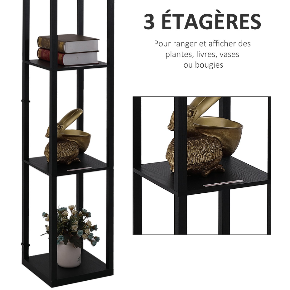 Lampadaire 3 étagères MDF noir abat-jour tissu motif nid d'abeille