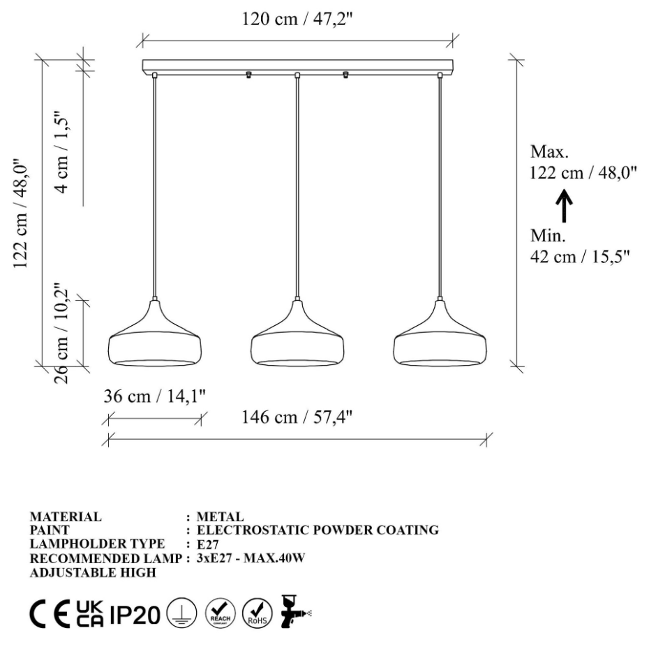 Suspension de table noire & cuivre, 3 abat-jour évasés SILE