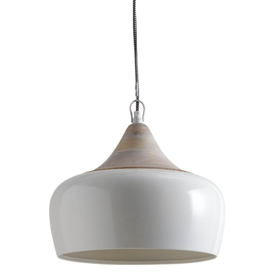 Lampe suspension en métal laqué et bois Ivoire