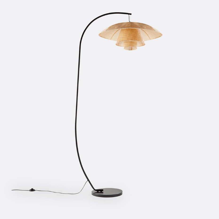 Lampadaire arc métal acier et rotin, Lola