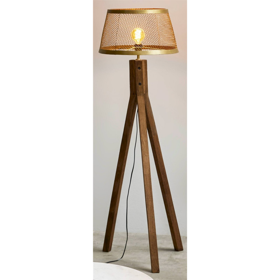 Lampadaire trépied en bois de manguier abat-jour doré