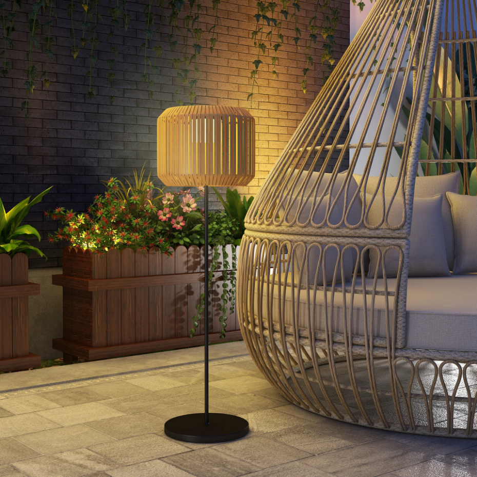 Lampadaire solaire LED style exotique H. 130 cm résine effet rotin