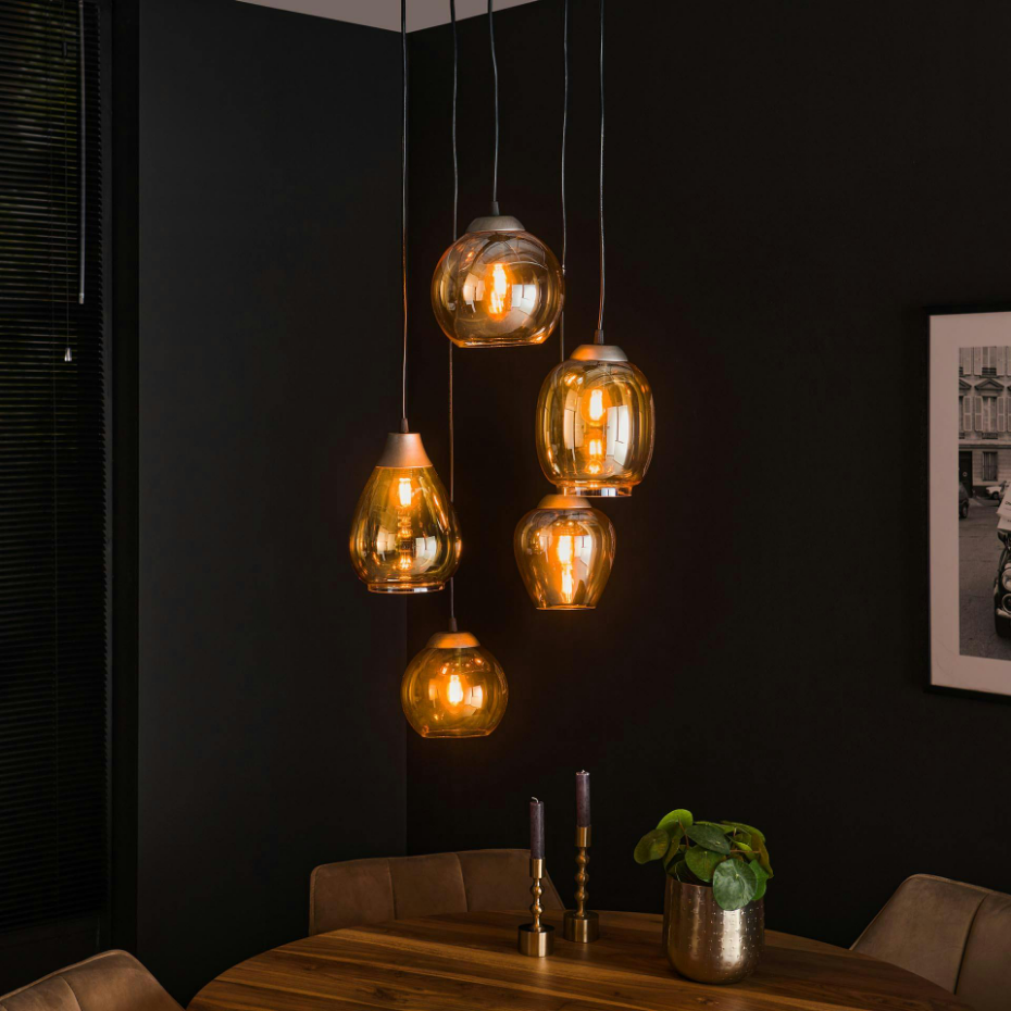 Suspension en verre ambré verticale avec ens. 5 abat-jour NOVA