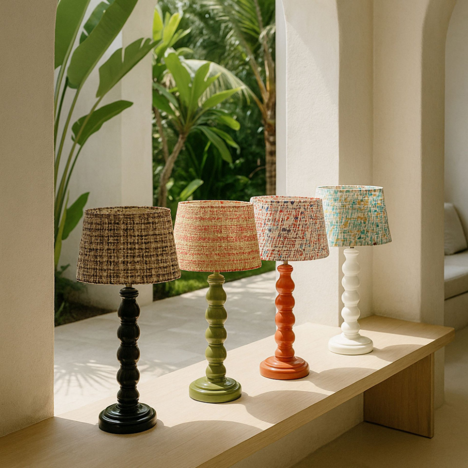 Lampe à poser en bois et abat jour en tissu, ROMY