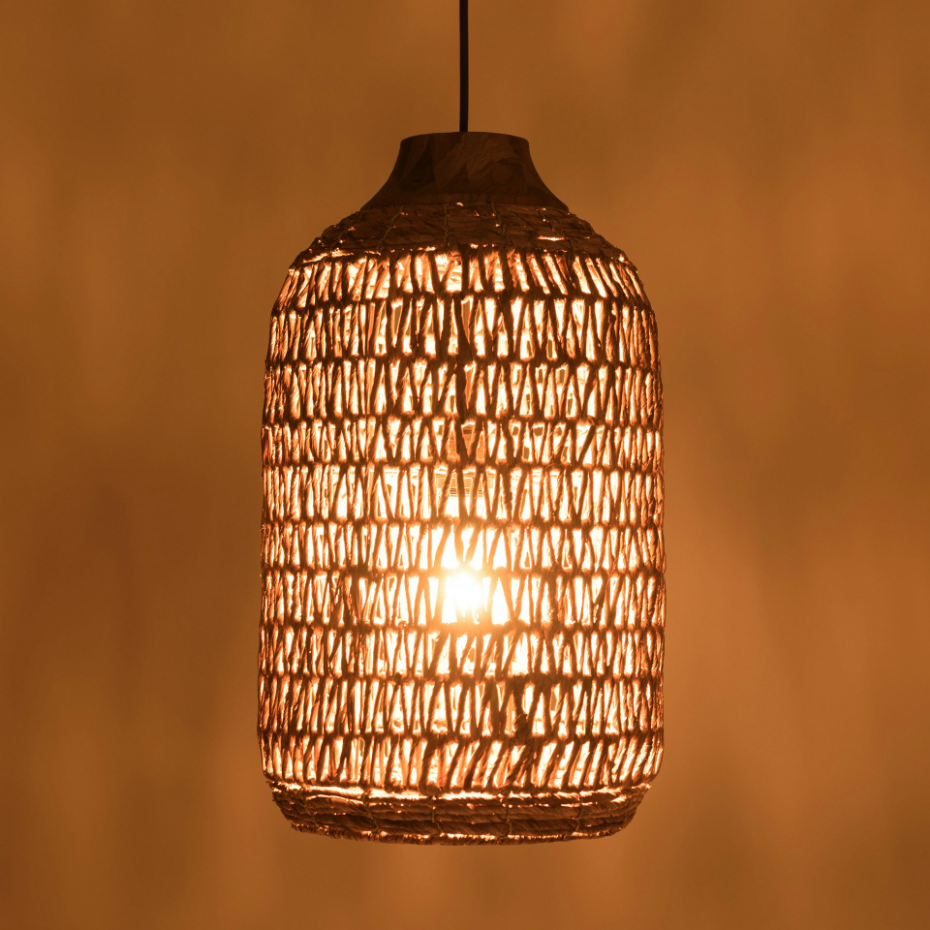 Suspension 30x30cm en abaca couleur naturelle et teck recyclé FOLELLI