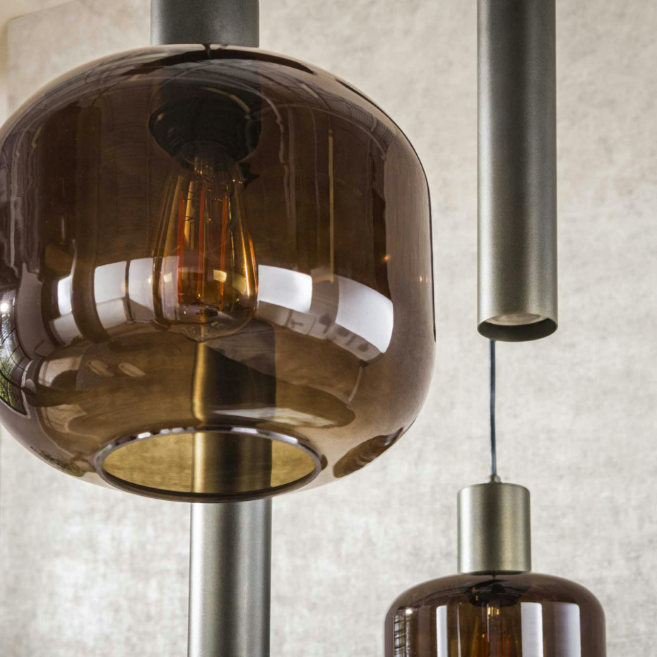 Suspension verre & métal – globes bruns + tubes bronze NOVA