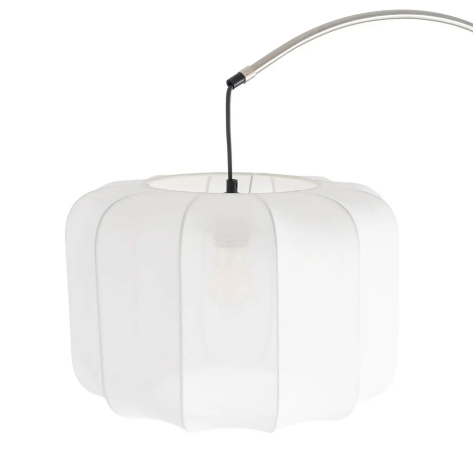 Lampadaire arc métal argenté, marbre noir et suspension tissu beige 100x37x197cm