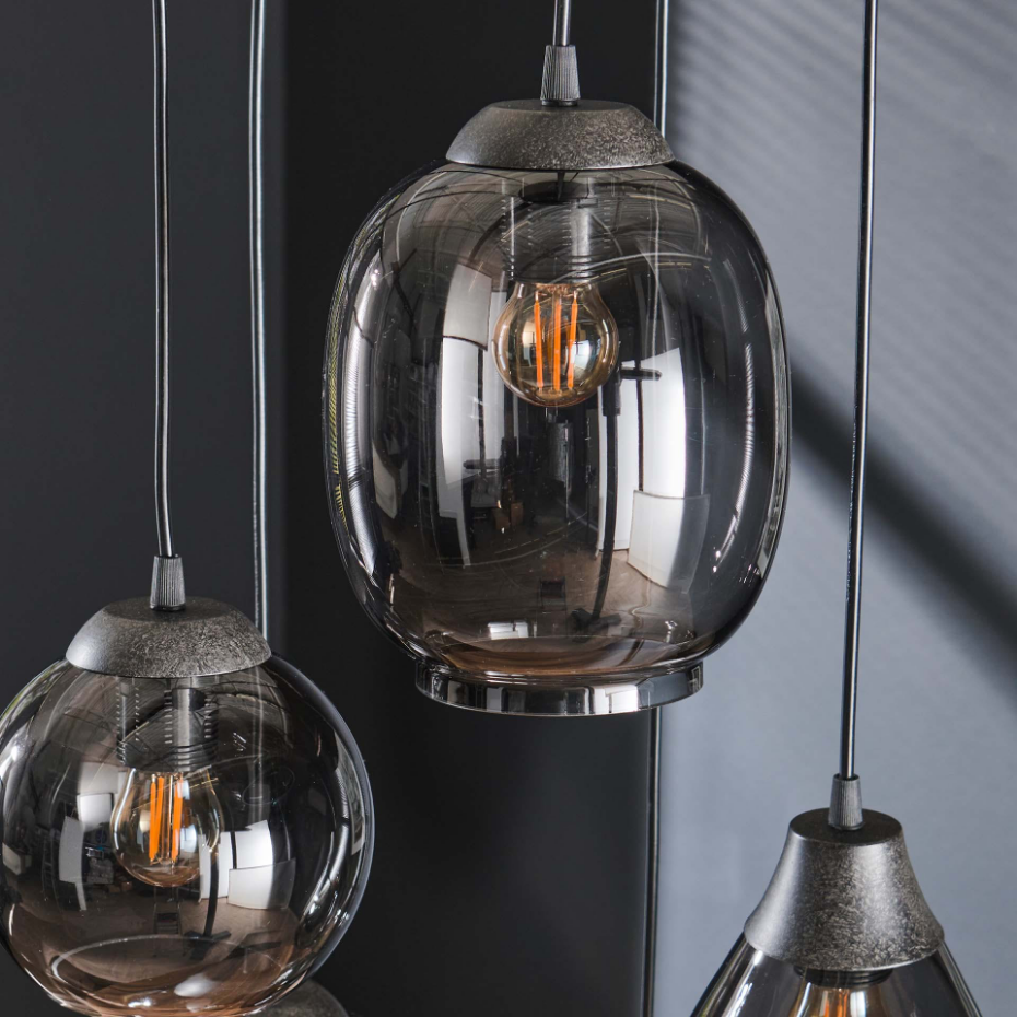 Suspension en verre chromé verticale avec ens. 5 abat-jour NOVA