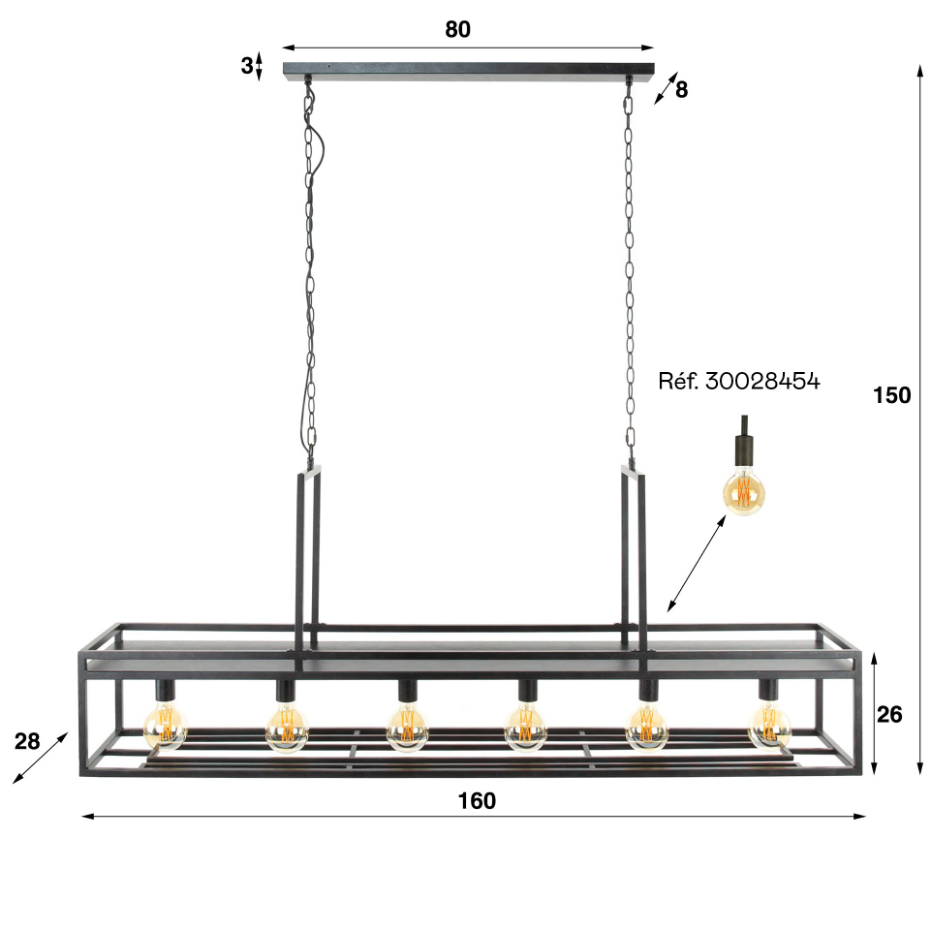 Suspension îlot cuisine 6 lampes avec support verres à pied, finition charbon RALF