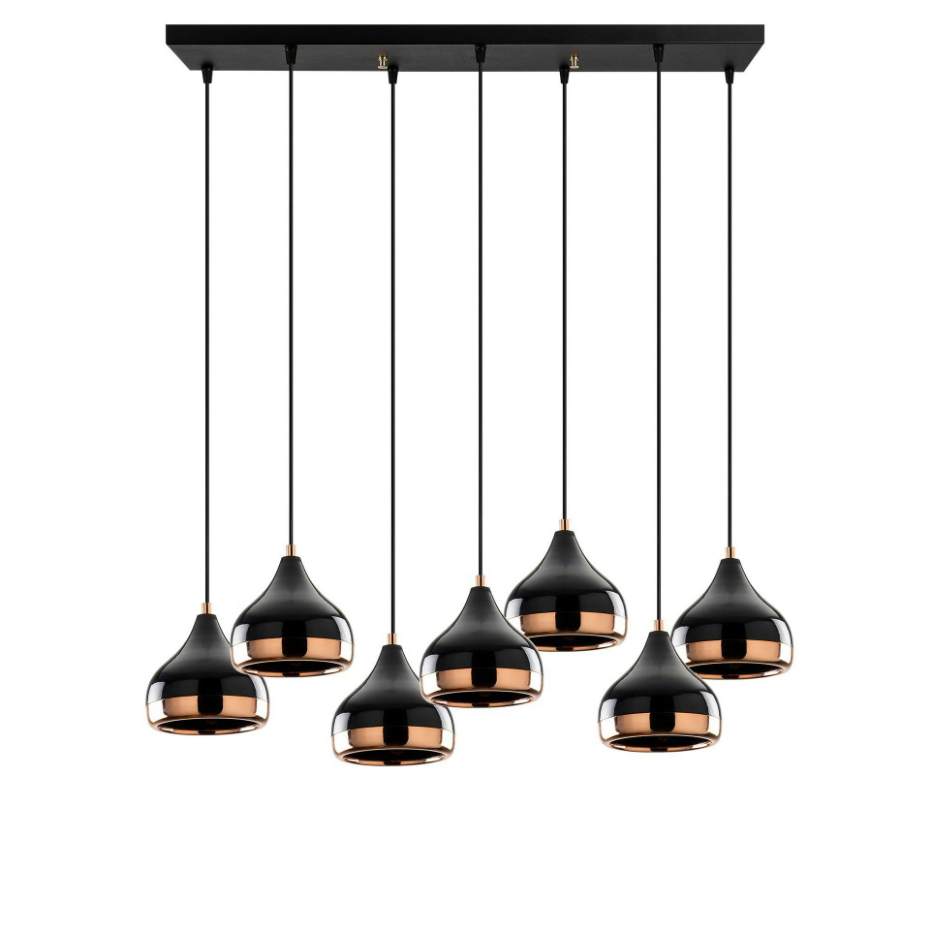 Suspension de table noire & cuivre, 7 abat-jour SILE