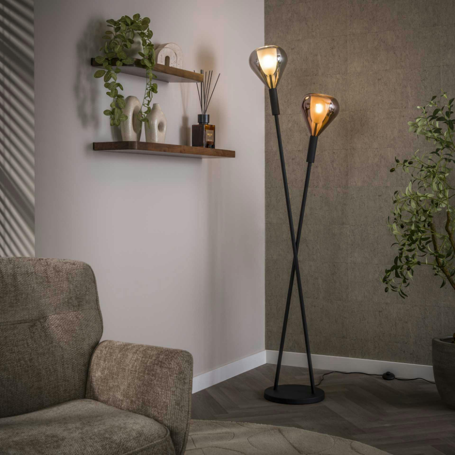 Lampadaire design tiges croisées, 2 abat-jour gouttes NIAGARA