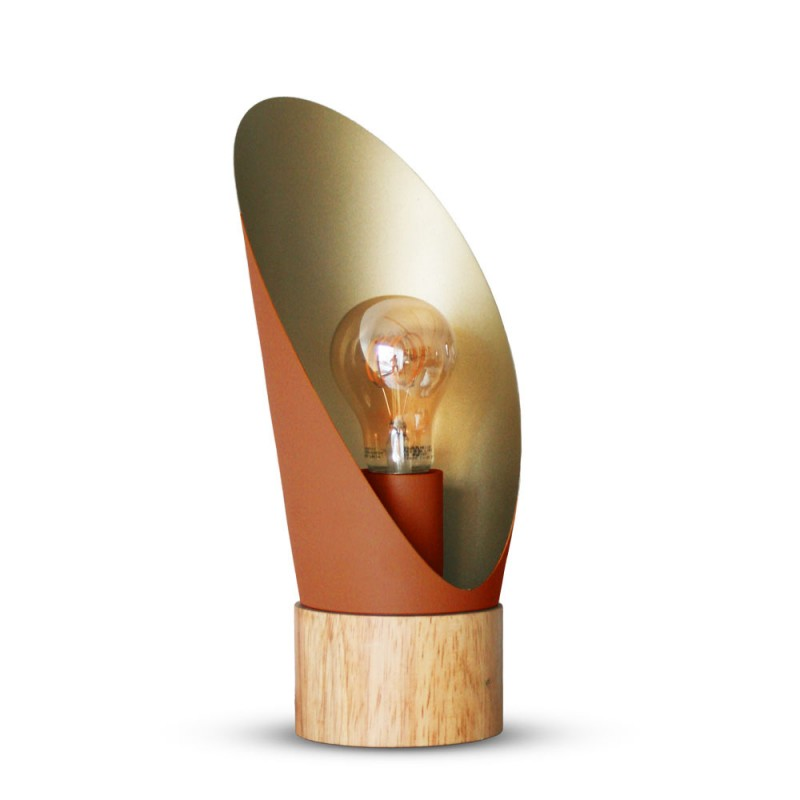 Lampe A Poser Spoon Xl Métal Terracotta Socle En Bois