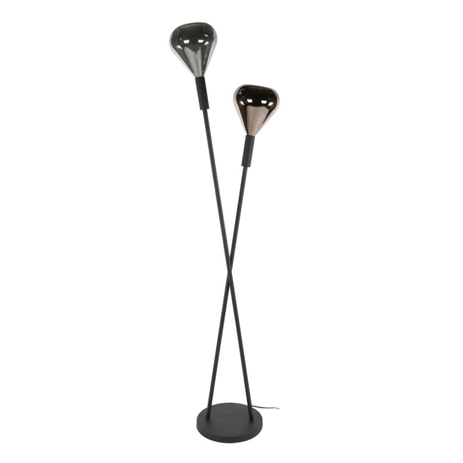 Lampadaire design tiges croisées, 2 abat-jour gouttes NIAGARA