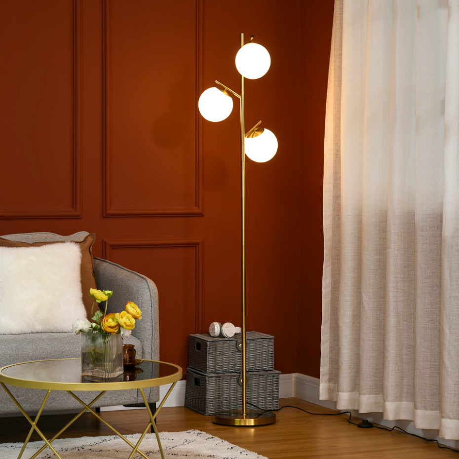 Lampadaire globe design néo-rétro 3 ampoules métal