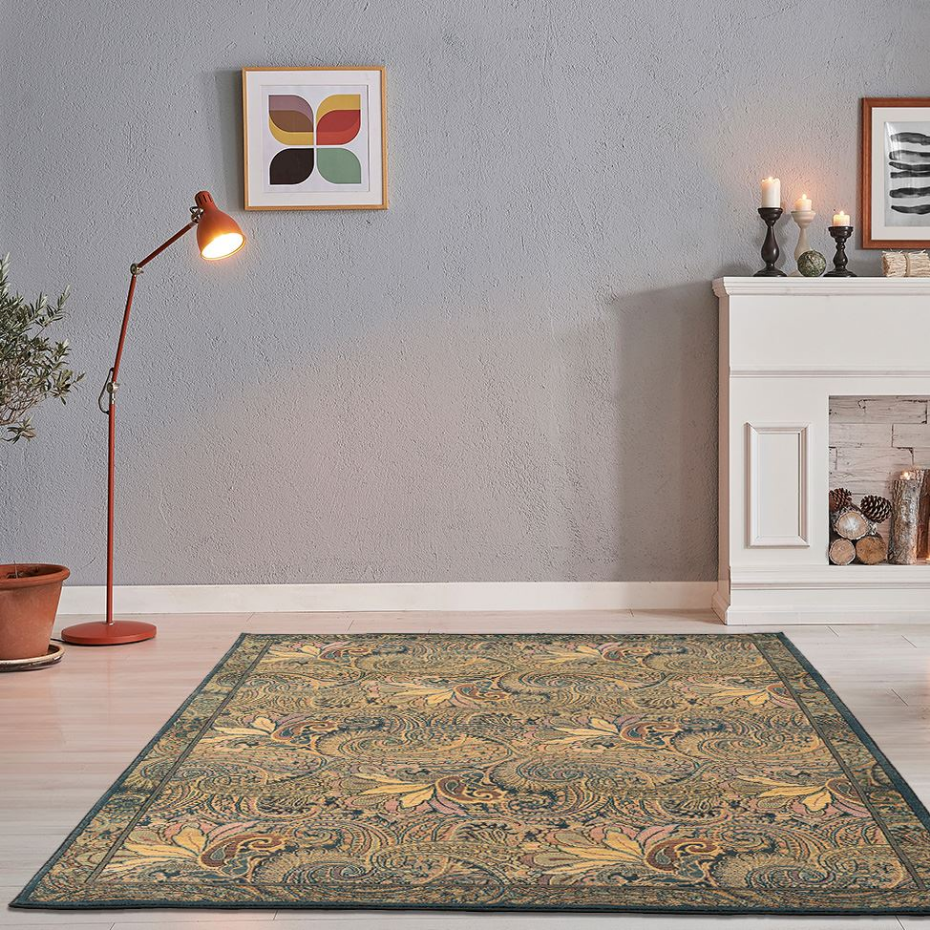 Tapis tissé à poils courts avec motif floral et bordure - Gabiro