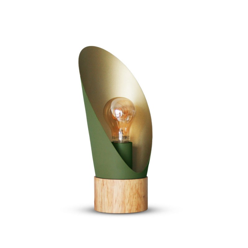 Lampe A Poser Spoon Xl Métal Vert Socle En Bois