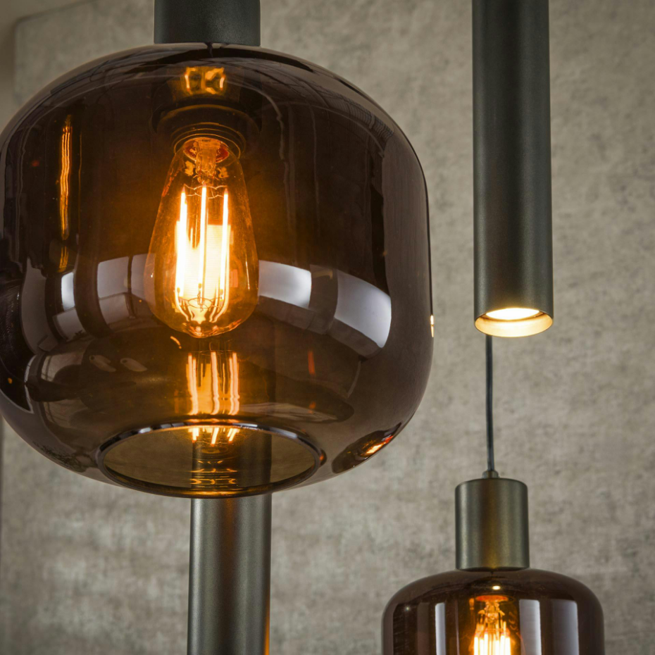 Suspension verre & métal – globes bruns + tubes bronze NOVA