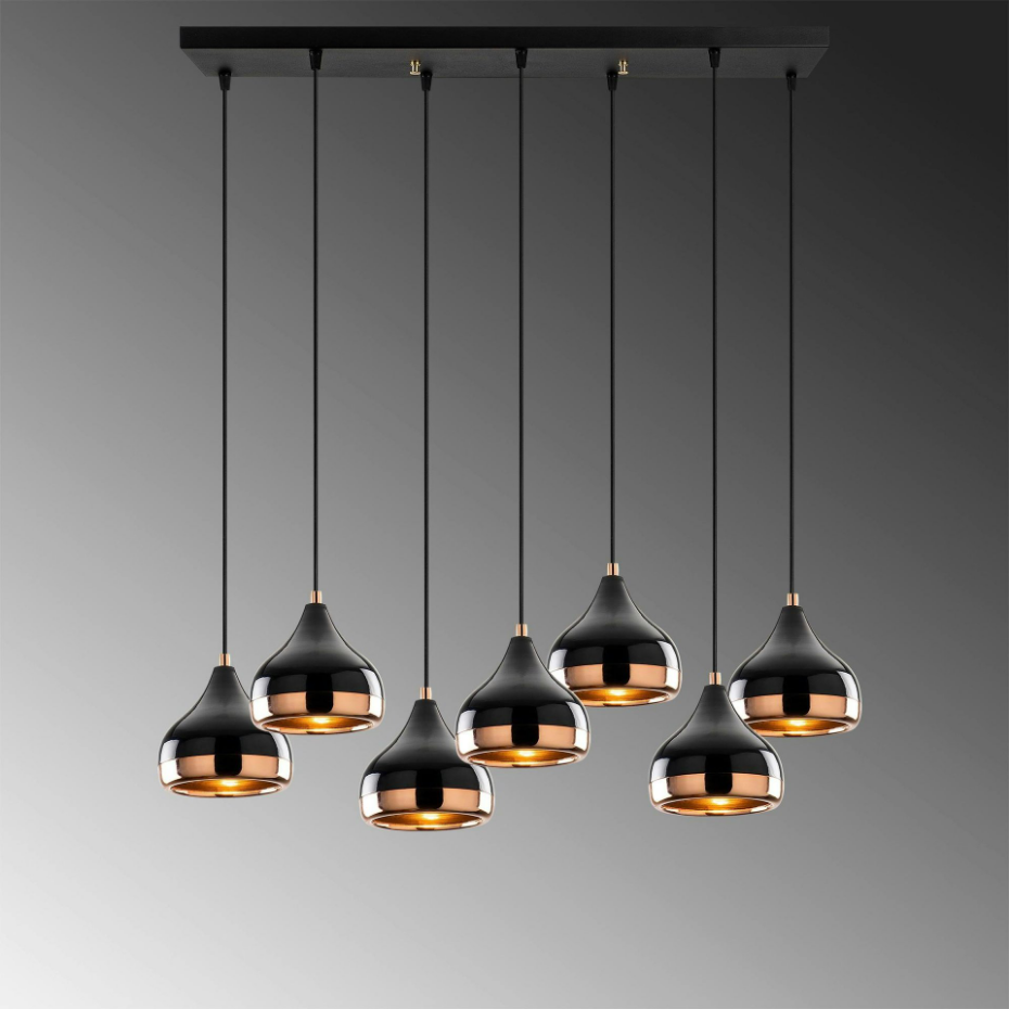 Suspension de table noire & cuivre, 7 abat-jour SILE