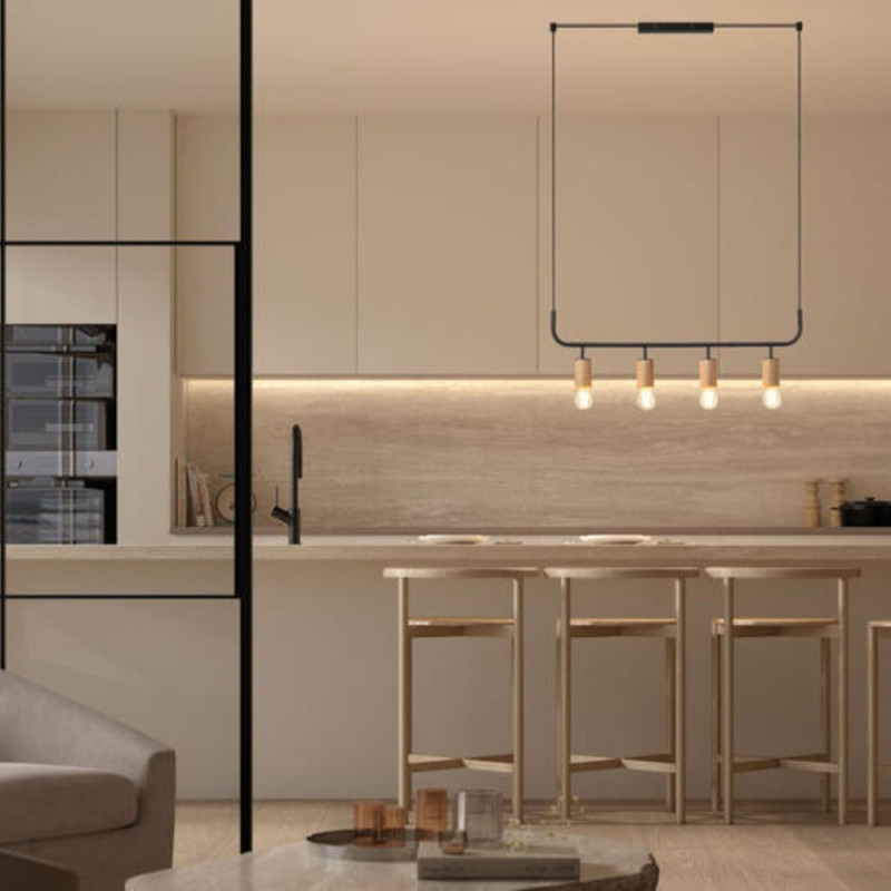 Suspension horizontale 4 lampes bois clair Copa