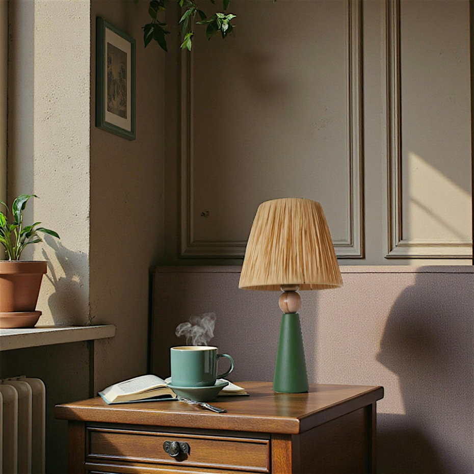Lampe à poser rustique verte, abat-jour tissu plissé KARS