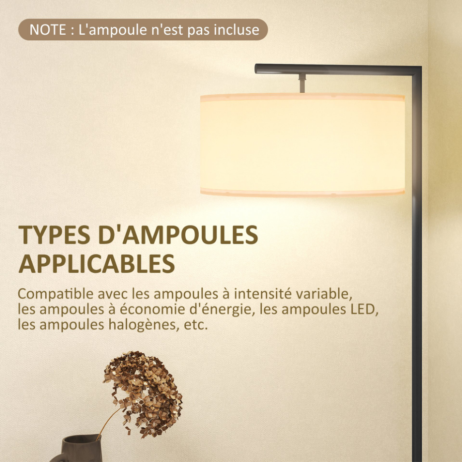 Lampadaire design H.153 cm métal noir abat-jour tambour lin blanc