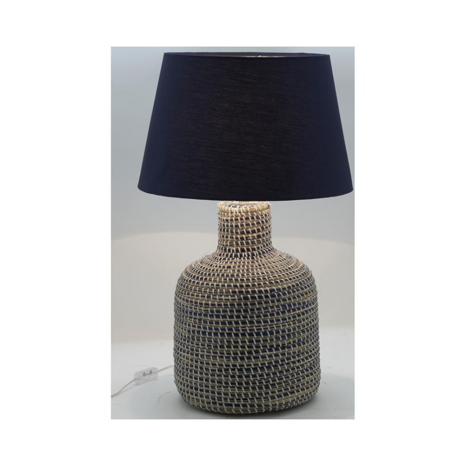 Pied de lampe en jonc naturel et bleu