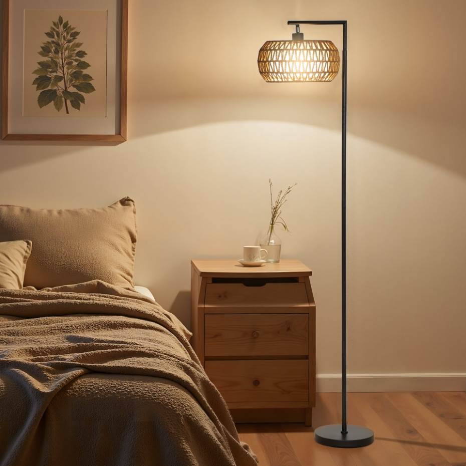Lampadaire sur pied style bohème H.170cm métal noir tissu tressé
