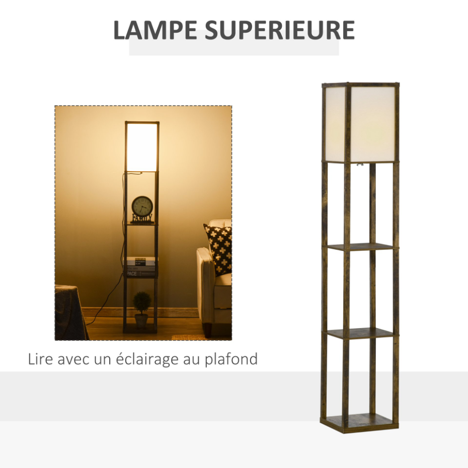 Lampadaire étagères 3 niveaux aspect bois