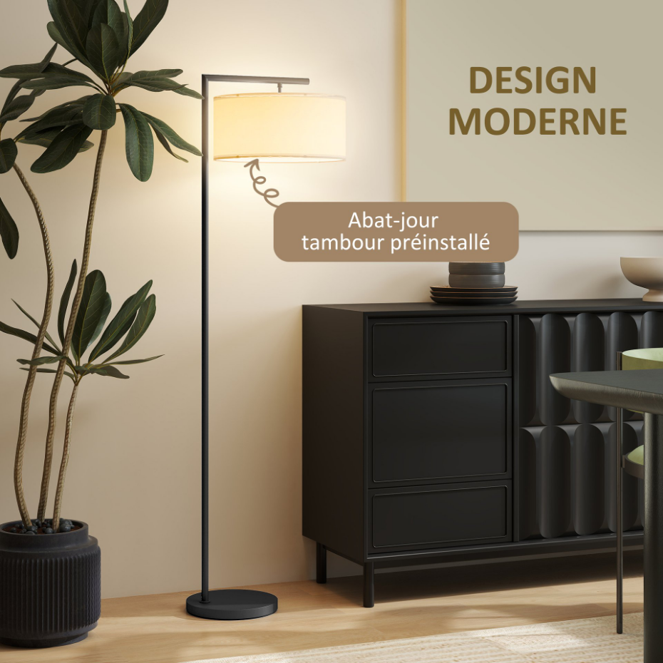 Lampadaire design H.153 cm métal noir abat-jour tambour lin blanc