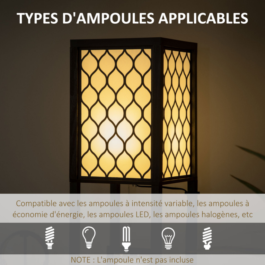 Lampadaire 2 étagères MDF abat-jour tissu motif nid d'abeille