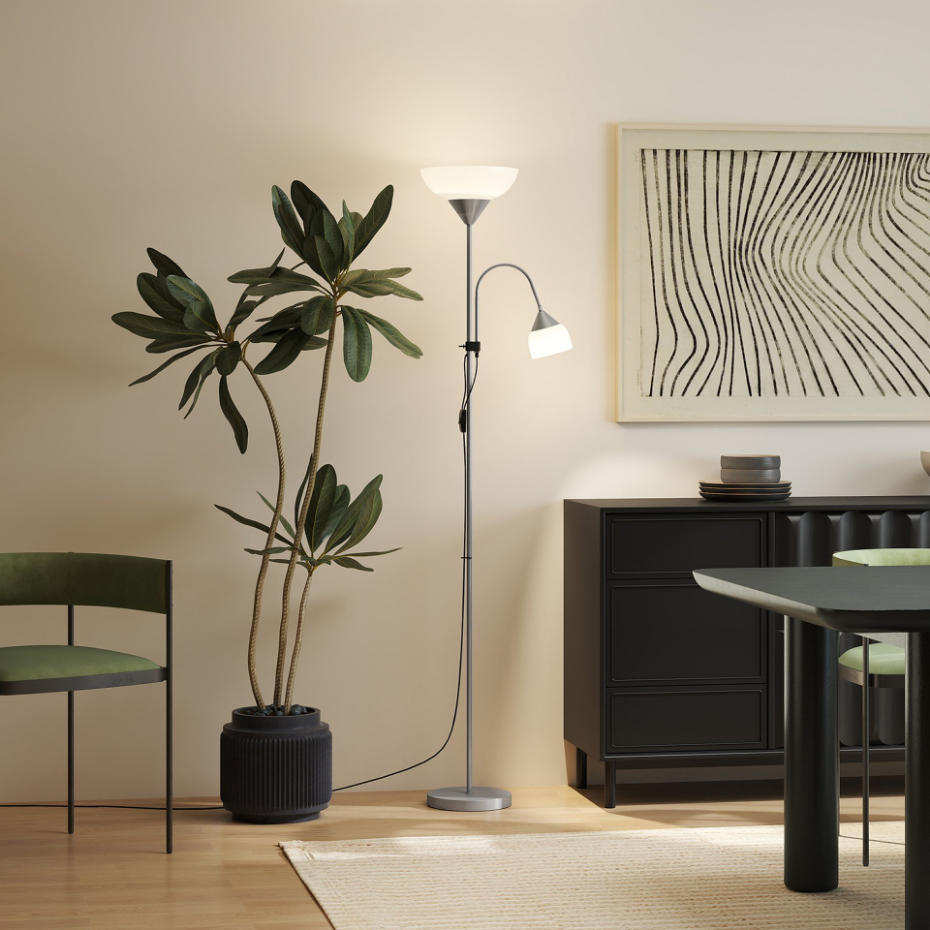 Lampadaire 2 têtes base métal dim. Ø28 x 179,5H cm gris blanc