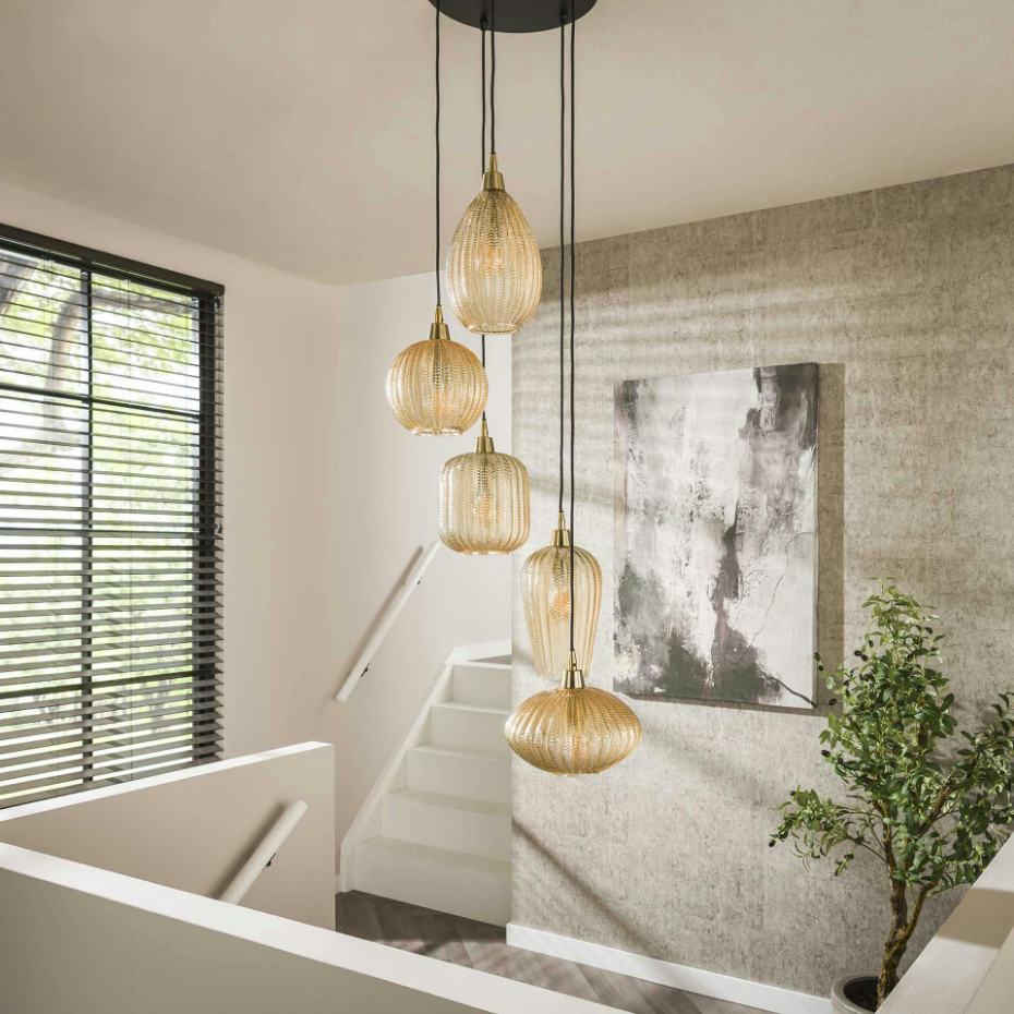 Suspension en verre ambré 5 lampes NOVA