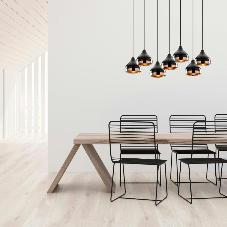 Suspension de table noire & cuivre, 7 abat-jour SILE