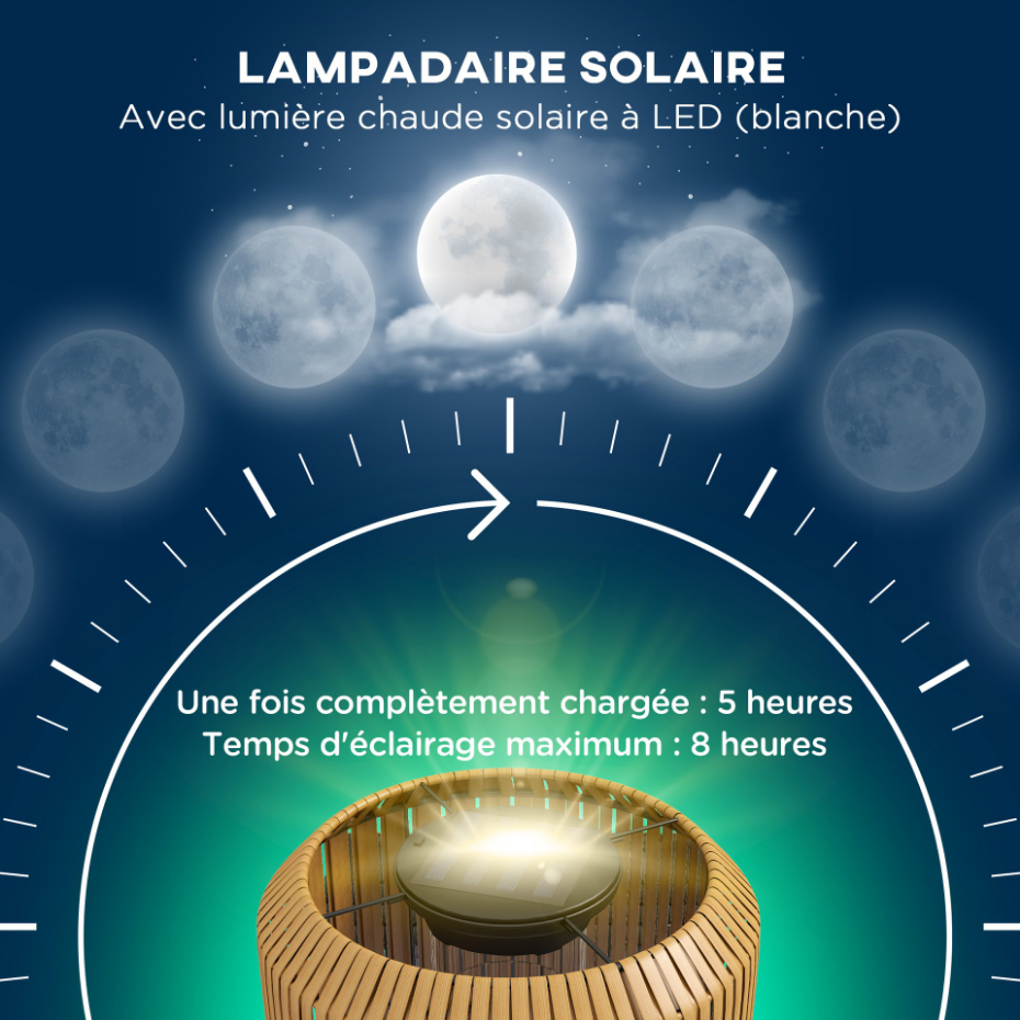 Lampadaire solaire LED style exotique H. 130 cm résine effet rotin